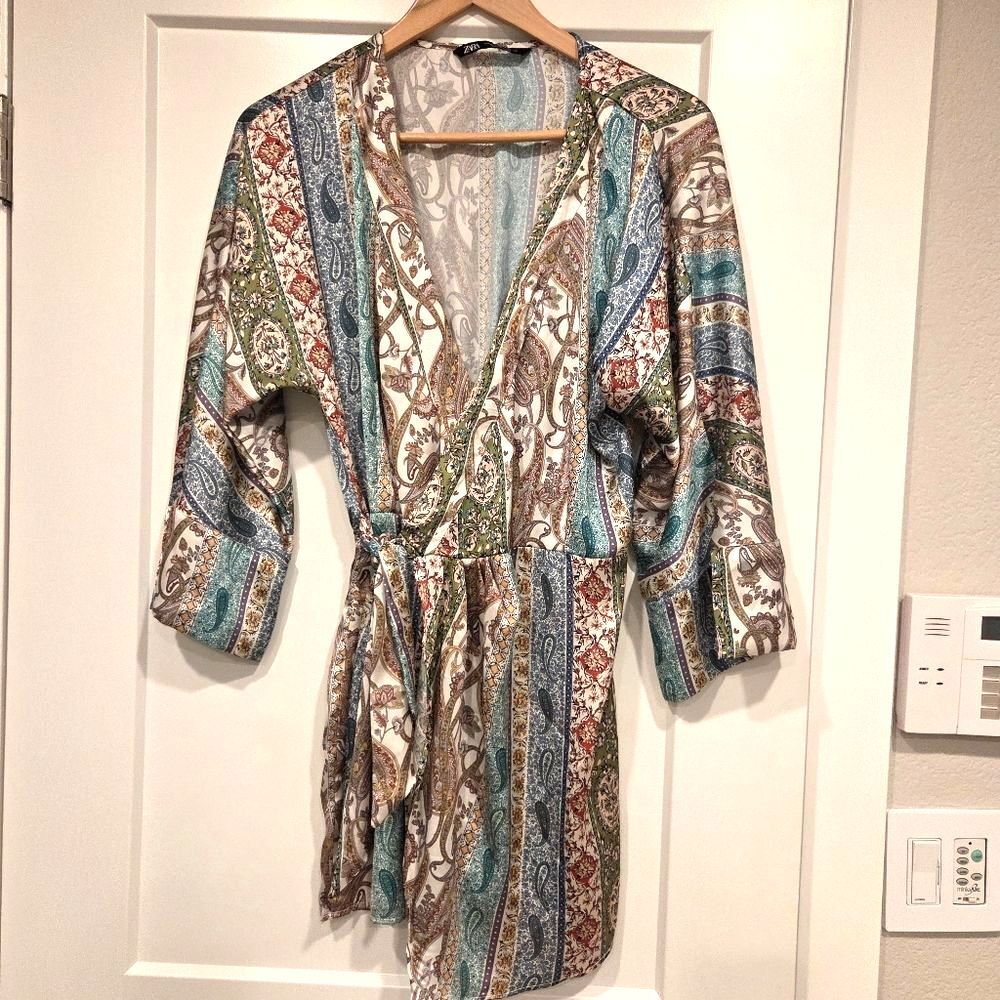 Zara Paisley Satin Effect Women's Wrap Romper Shorts Kimono Sleeve Boho XS